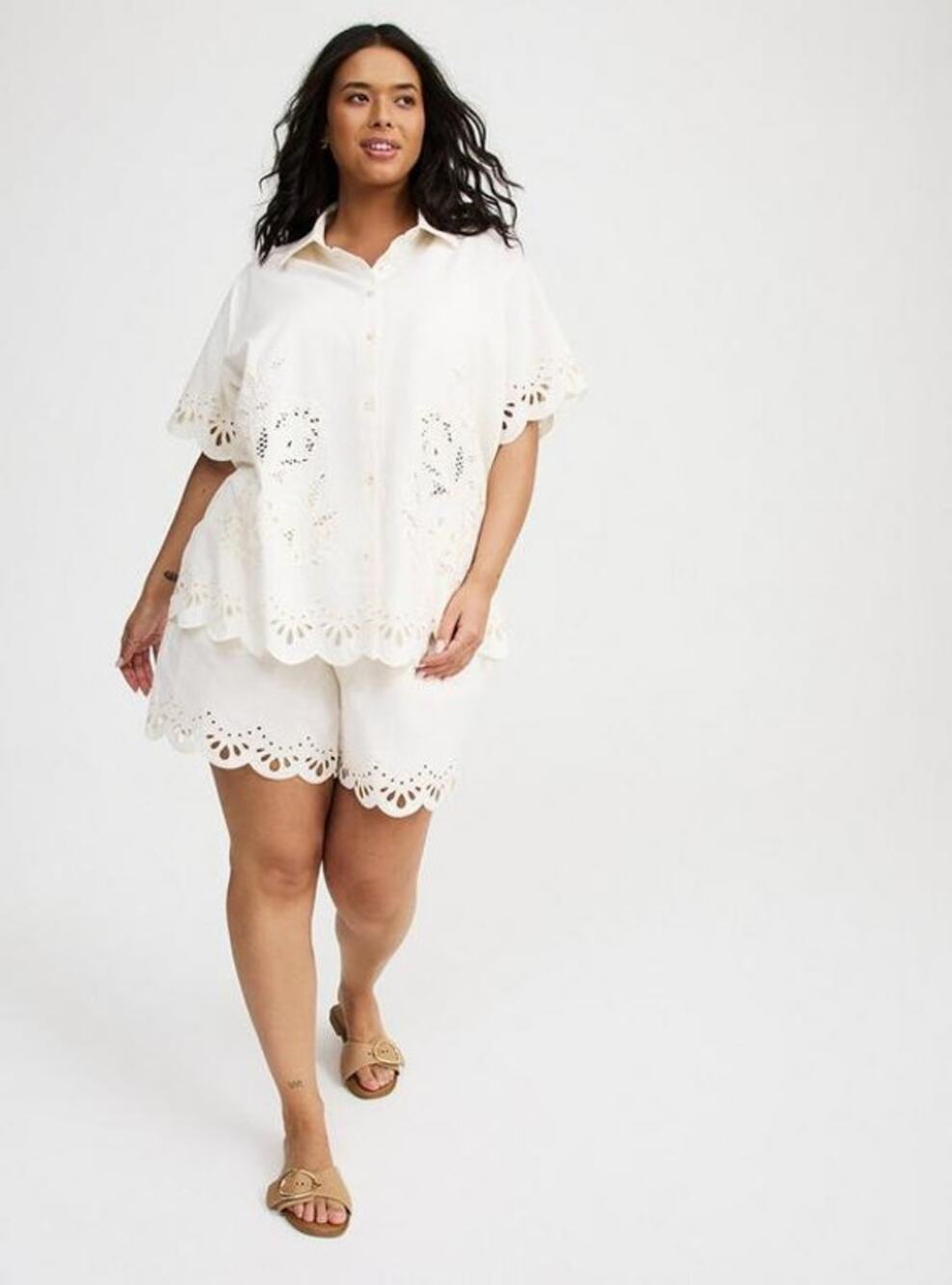 Torrid Beach Linen Eyelet Button Front Shirt Cloud Dancer White Cotton